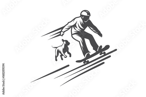 Skateboarder with Helmet and a Small Dog Running Downhill on White Background
