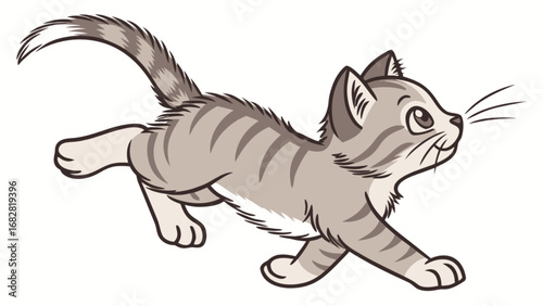 Cute cartoon tabby kitten running illustration for kids books and animal themed designs and vector graphics
