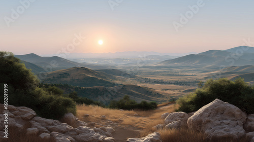 A sun-kissed landscape of hills and valleys, evoking the promised land from Nebo, promised land, biblical landscape, spiritual abundance, divine vista, historical faith