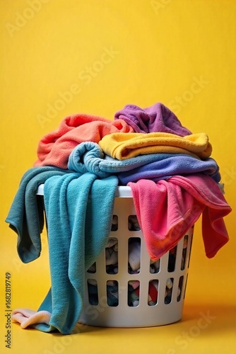 Overflowing laundry basket brimming with colorful clothes, towels, and fabrics A chaotic yet relatable scene of household chores and everyday life , pile, cluttered, heap