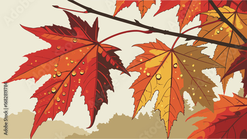 Vibrant Autumn Maple Leaves with Raindrops: Warm Fall Colors and Textured Foliage Illustration