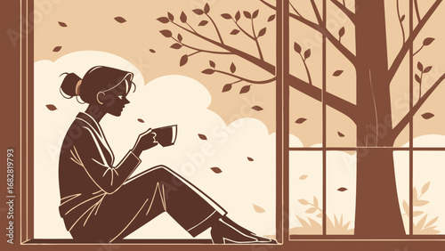 Serene Woman Silhouette Savoring Warm Drink by Window, Autumn Leaves Falling Outside. Cozy Minimalist Illustration.
