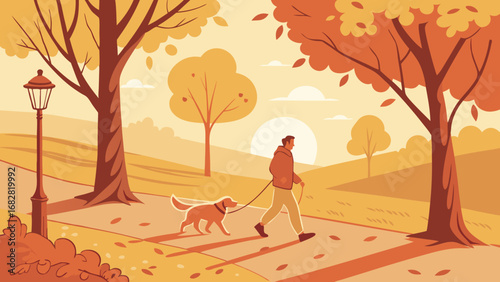 Autumn Park Walk with Man and Dog at Sunset - Serene Flat Design Illustration of Leisure and Companionship