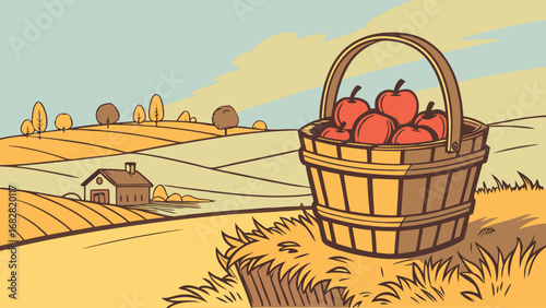 Fresh Red Apples in Wooden Basket on Rolling Farmland Landscape - Autumn Harvest Illustration