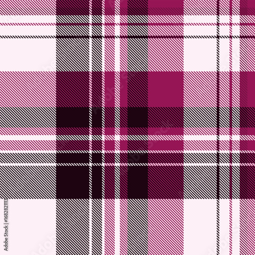 Classic plaid pattern in shades of plum, black, and white. Timeless textile design suitable for backgrounds, fashion, and graphic projects. Versatile and stylish.