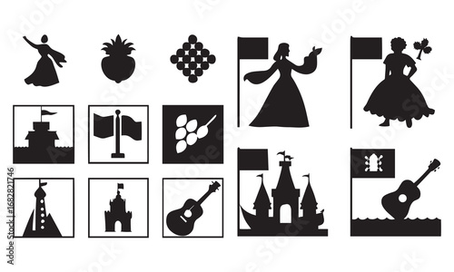 Vector Spain Icons Set: Flamenco, Paella, Guitar, Bullring, Wine