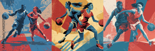 Basketball players showcase their skills during a lively game. The vivid colors represent the athleticism and energy of the sport, emphasizing teamwork and competition.