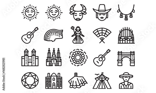 Vector Spain Icons Set: Flamenco, Paella, Guitar, Bullring, Wine