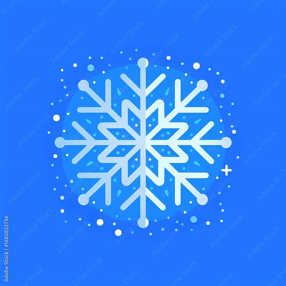 Fototapeta premium Stylized snowflake vector art on a blue background surrounded by dotted snow falling in wintertime Generative AI