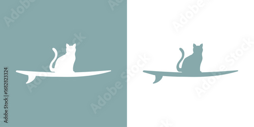 Logo club de surf. Silueta de gato sentado en tabla de surf	