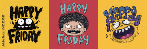 Three unique designs celebrate Friday with lively characters and cheerful text. Each design showcases a different playful style against bright backgrounds, inspiring joy and excitement.