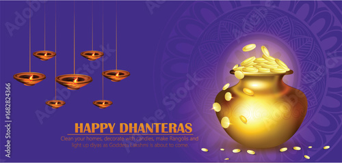 Illustration of Dhanteras Celebration with Kalash, Coins, marigold garlands, and footprints symbolizing prosperity,