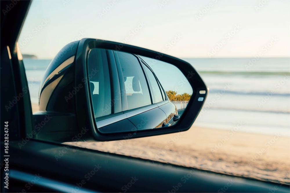 Naklejka premium Car side mirror reflecting beach view. Luxury summer trip