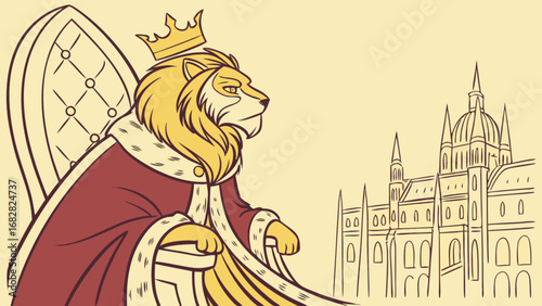 Illustration of a lion king on a throne with a crown and a building in the background line art drawing
