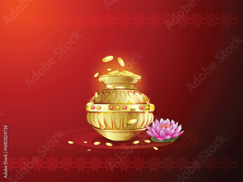 Illustration of Dhanteras Celebration with Kalash, Coins, marigold garlands, and footprints symbolizing prosperity,