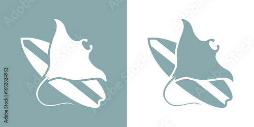Logo club de surf. Silueta de manta raya gigante con tabla de surf	