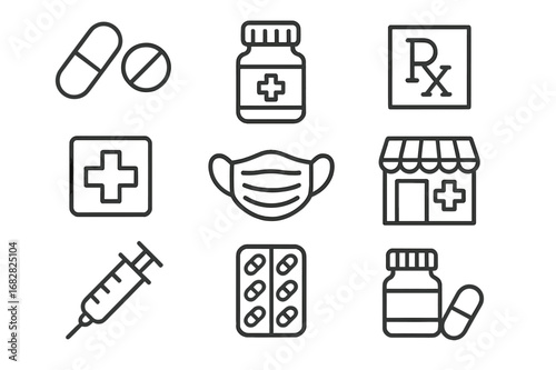 Medical symbols and items including pills, a syringe, and a pharmacy illustration for healthcare awareness