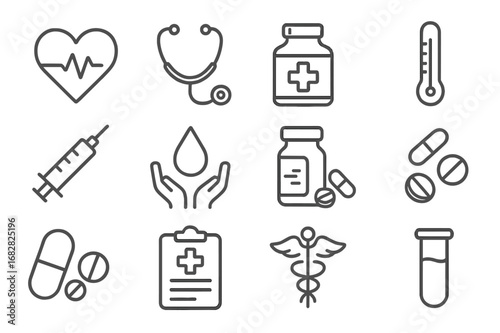 Medical symbols and tools including stethoscope, pills, and heart monitor in a simple design