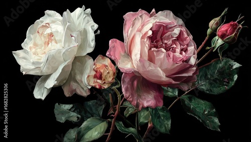 Delicate, detailed roses in cream and pink, against black