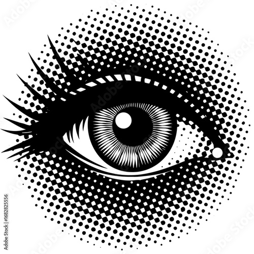 Minimilist a stylized eye with long eyelashes surrounded by a halftone dot pattern in black and white design vector