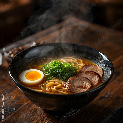 ramen bowl with noodles, egg, pork, and vegetables