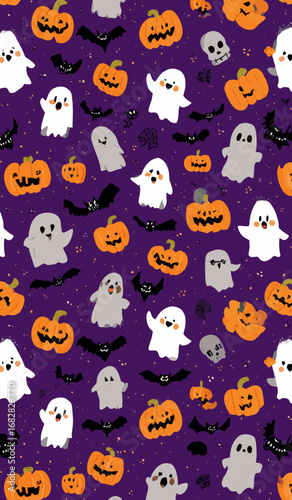 This festive design showcases playful cats, friendly ghosts, and cheerful pumpkins scattered across a vibrant purple background, capturing the spirit of Halloween in a whimsical way.
