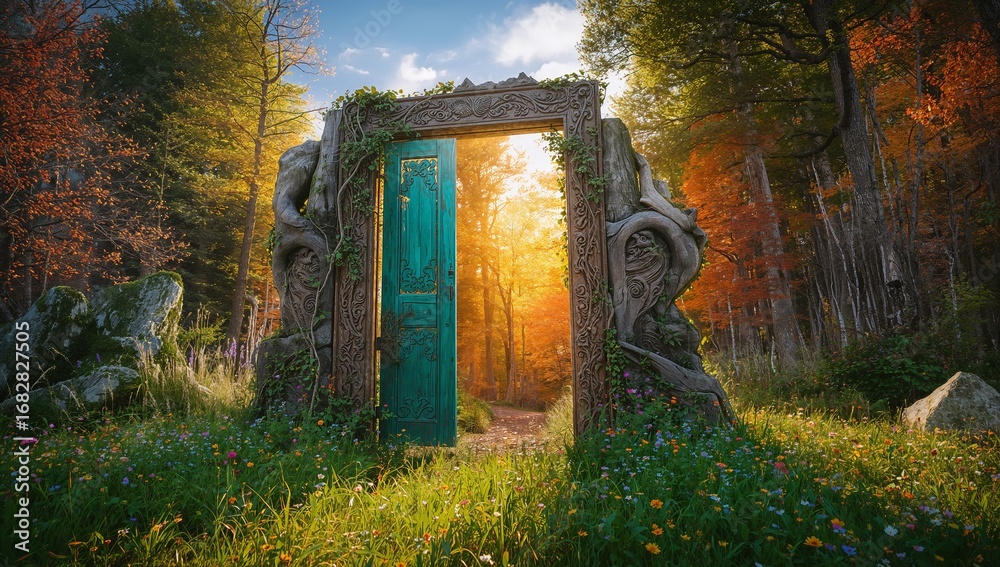 Obraz premium Ornate turquoise door spilling light onto wildflowers in forest clearing with vines, mossy boulders