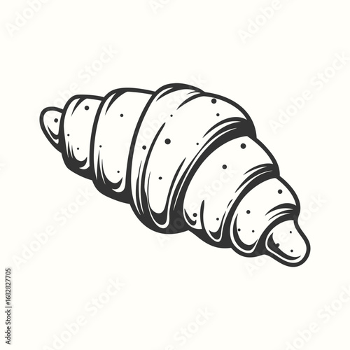 Monochrome Croissant Pastry Icon with Detailed Texture on White Background