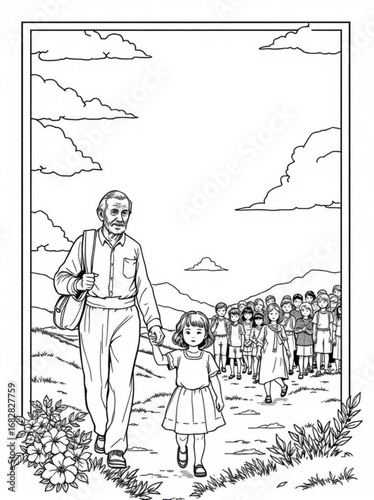 Minimilist line art of an elderly man holding a young girl's hand with a group of children and clouds in the background vector