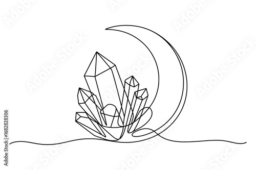 One Line Drawing of a Moon and Crystals | Vector Art for Spirituality and Mysticism.