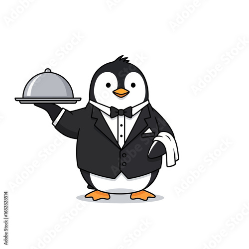Cartoon penguin waiter in a tuxedo holding a covered silver platter