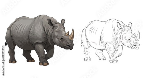 One Horned Rhino Coloring Sheet Outline Color Pairing Educational Animal Illustration