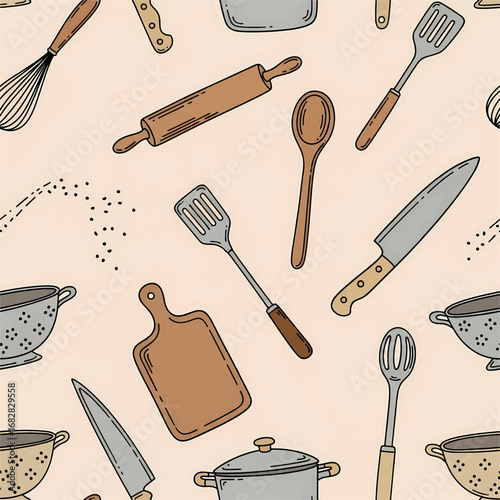 Culinary background featuring a seamless repeat pattern of hand-drawn cooking and baking utensils
