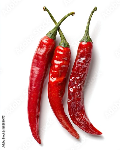 Three red chili peppers, top view