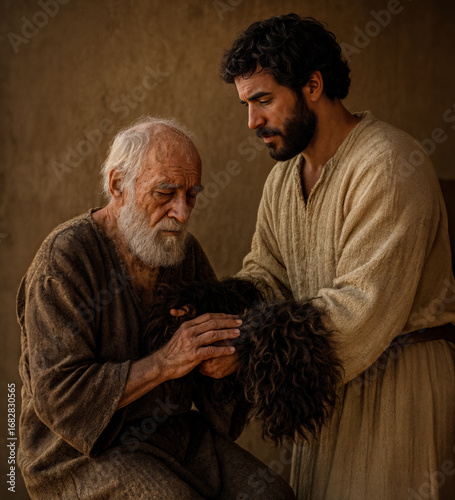 Jacob blessing from Isaac - Arms in goat hair disguised as Esau Old Testament Bible