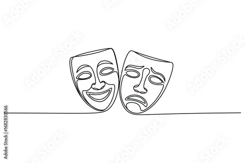One Line Drawing of Comedy and Tragedy Masks | Editable Stroke Theater Vector.