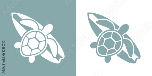 Logo club de surf. Silueta de tortuga marina con tabla de surf	