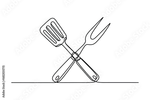 Continuous Line Drawing of BBQ Tools | Editable Stroke Vector of Grill and Spatula.