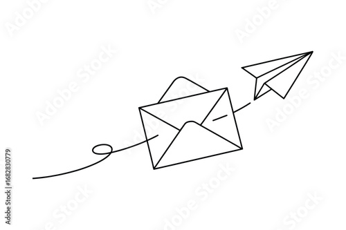 Continuous Line Drawing of Email and Paper Plane | Vector Art for Digital Communication.