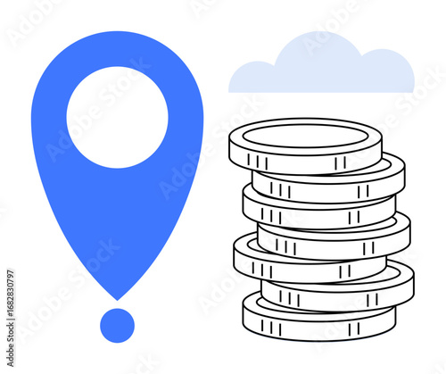 Blue location marker next to a stack of coins under a faint cloud. Ideal for finance, investment, savings, business strategy, global economy, navigation, growth. Minimalist flat metaphor