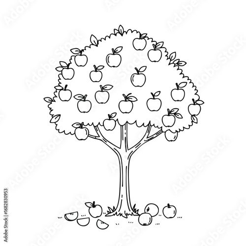 Stylized black and white 2D vector illustration of an apple tree with ripe apples on branches and fallen below, clean outlines on white background.