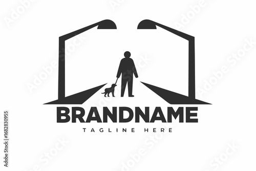 Minimalist of Person Walking Dog Under Streetlights on White