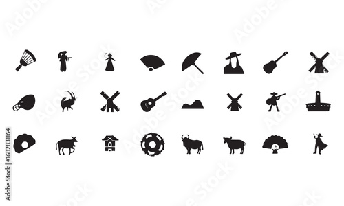 Spain Icons Set Flamenco, Guitar, Paella, Flag & Wine