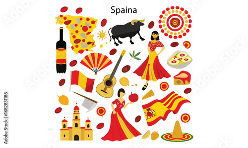 Spain Icons Set Flamenco, Guitar, Paella, Flag & Wine