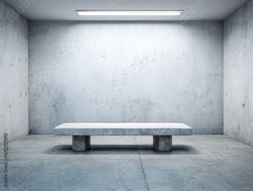 A minimalist, light-filled interior space showcases a contemporary concrete bench.