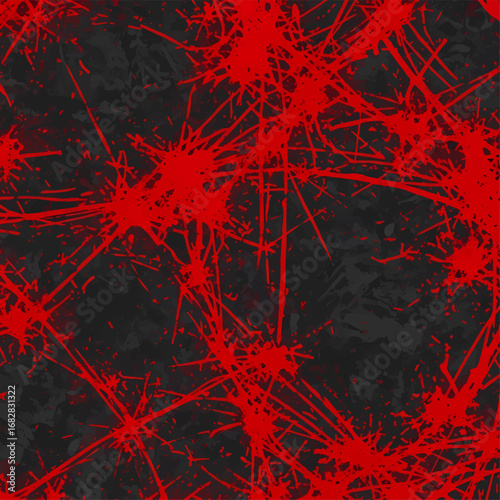 Abstract seamless pattern with chaotic red splatters and scratches on a dark grunge texture background, vector illustration