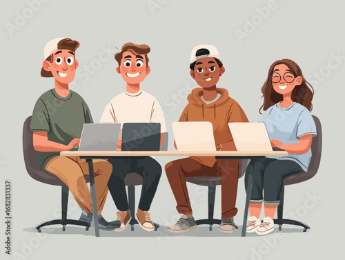 Four young individuals are gathered around a table with laptops open, engaged in a collaborative work session. They appear focused and motivated in a friendly atmosphere.