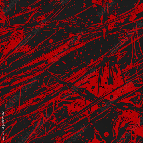 Modern abstract art concept featuring chaotic red paint strokes and splatters on a black canvas