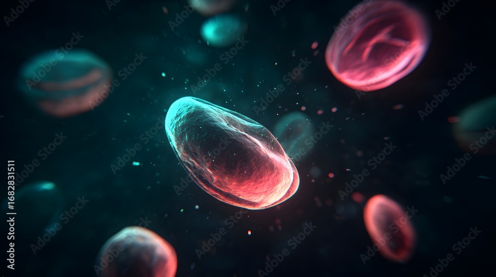 Fototapeta premium Glowing molecular structures of fat cells against a cosmic background, representing dietary impact.
