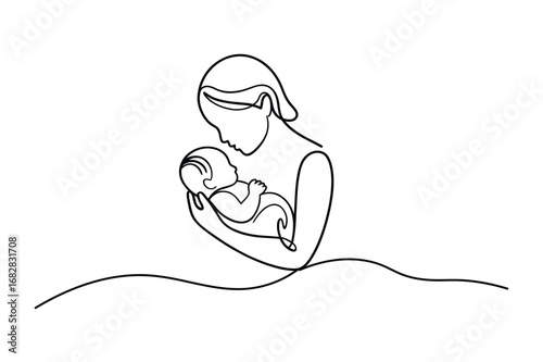 Mother Holding Baby in Arms – Parenthood, Love, Care Minimal One Line Drawing